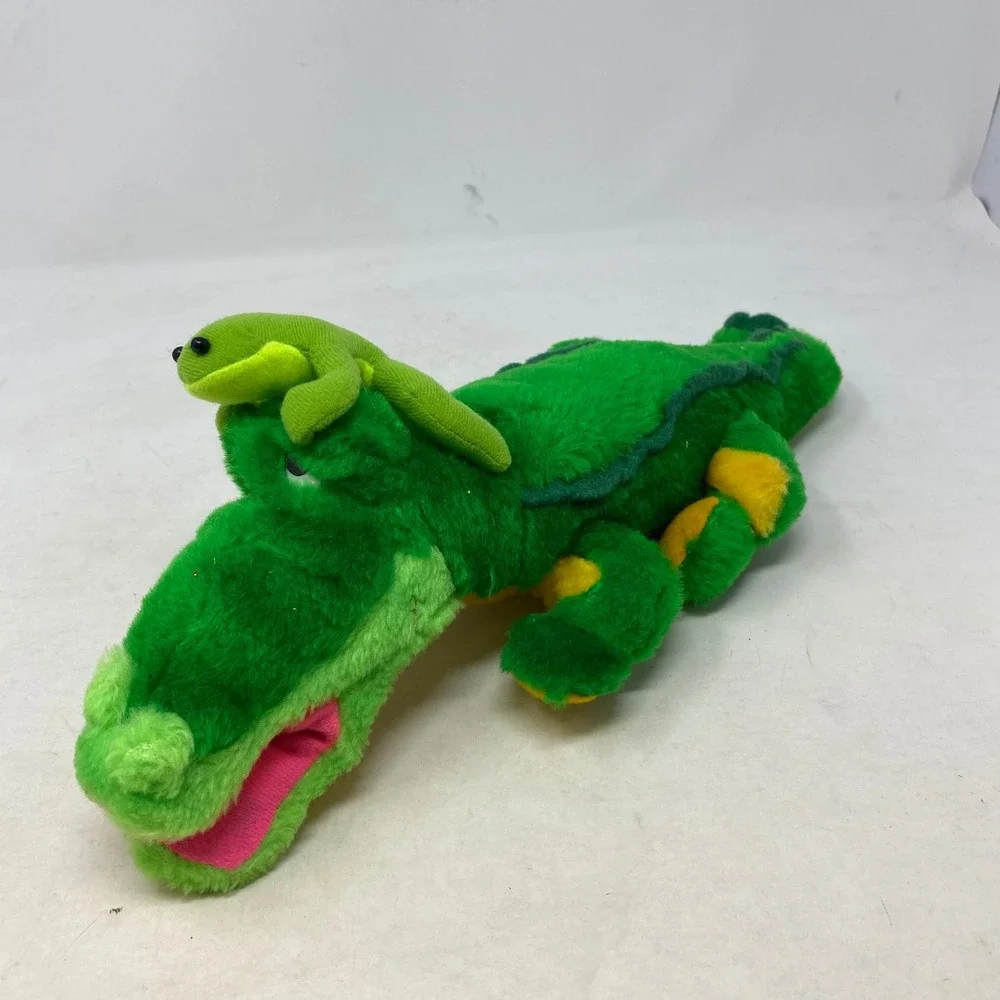 Vintage 1996 Nanco Alligator with Frog Plush Stuffed Animal Green Yellow 14 inch